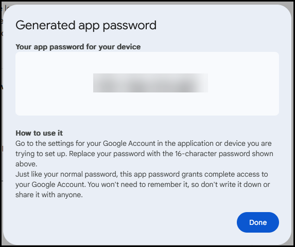 Generated app password example Generated app password example